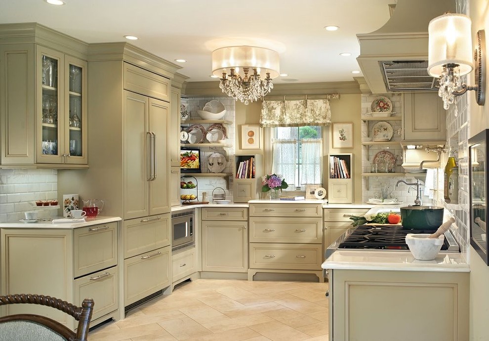 Allied Refrigeration for Shabby-Chic Style Kitchen with Chandelier