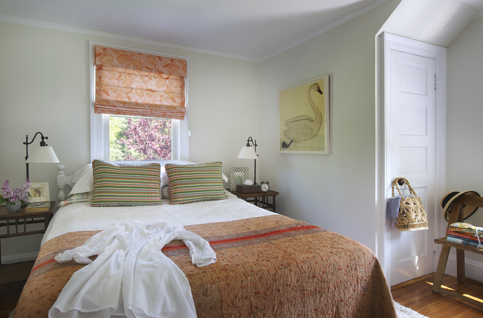 Benjamin Moore Swiss Coffee for Beach Style Bedroom with Quadrille