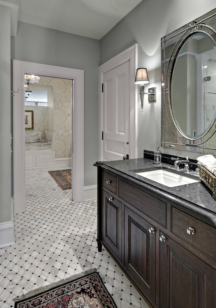 Benjamin Moore Wickham Gray for Traditional Bathroom with Blue Wall