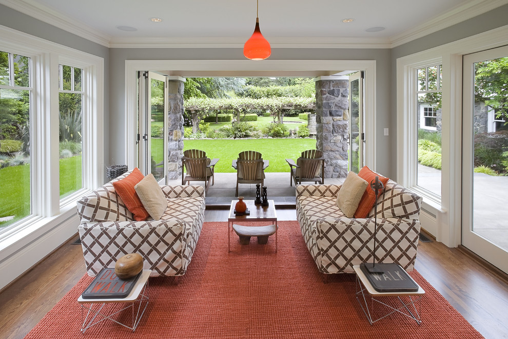 Loewen Windows for Contemporary Sunroom with Adirondack Chairs