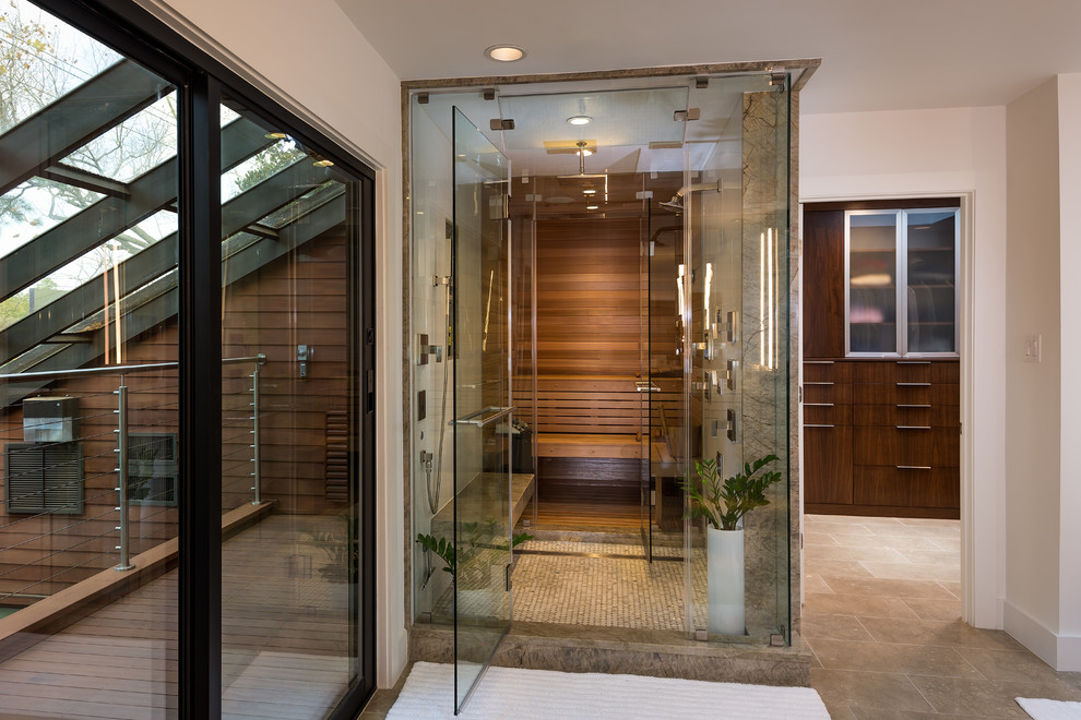 Sauna vs Steam Room for Contemporary Bathroom with Glass Roof