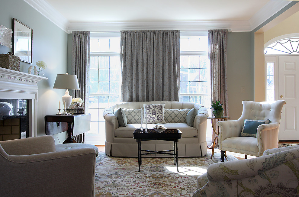 Sherwin Williams Silvermist for Traditional Living Room with Gray Blue and White