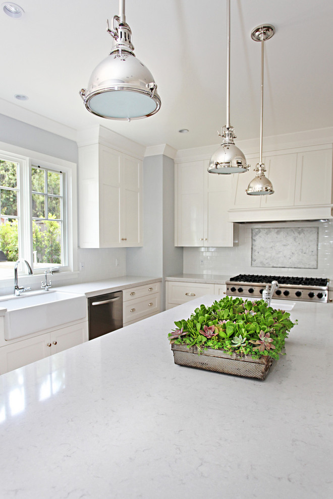 Silestone Lagoon for Transitional Kitchen with Chrome Pendant Lights