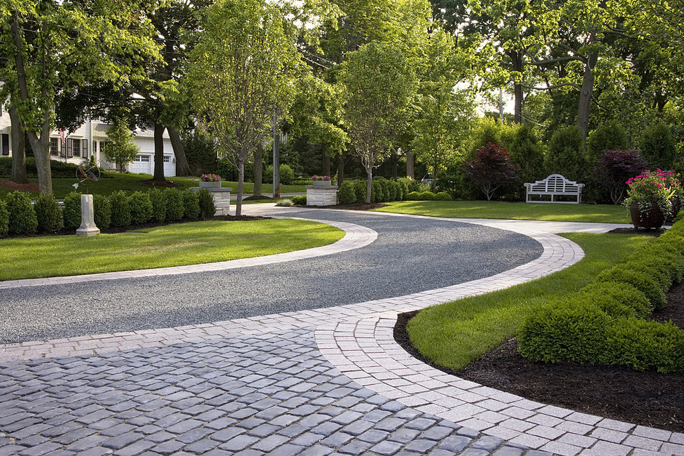 Tar and Chip Driveway for Traditional Landscape with Paver Driveway